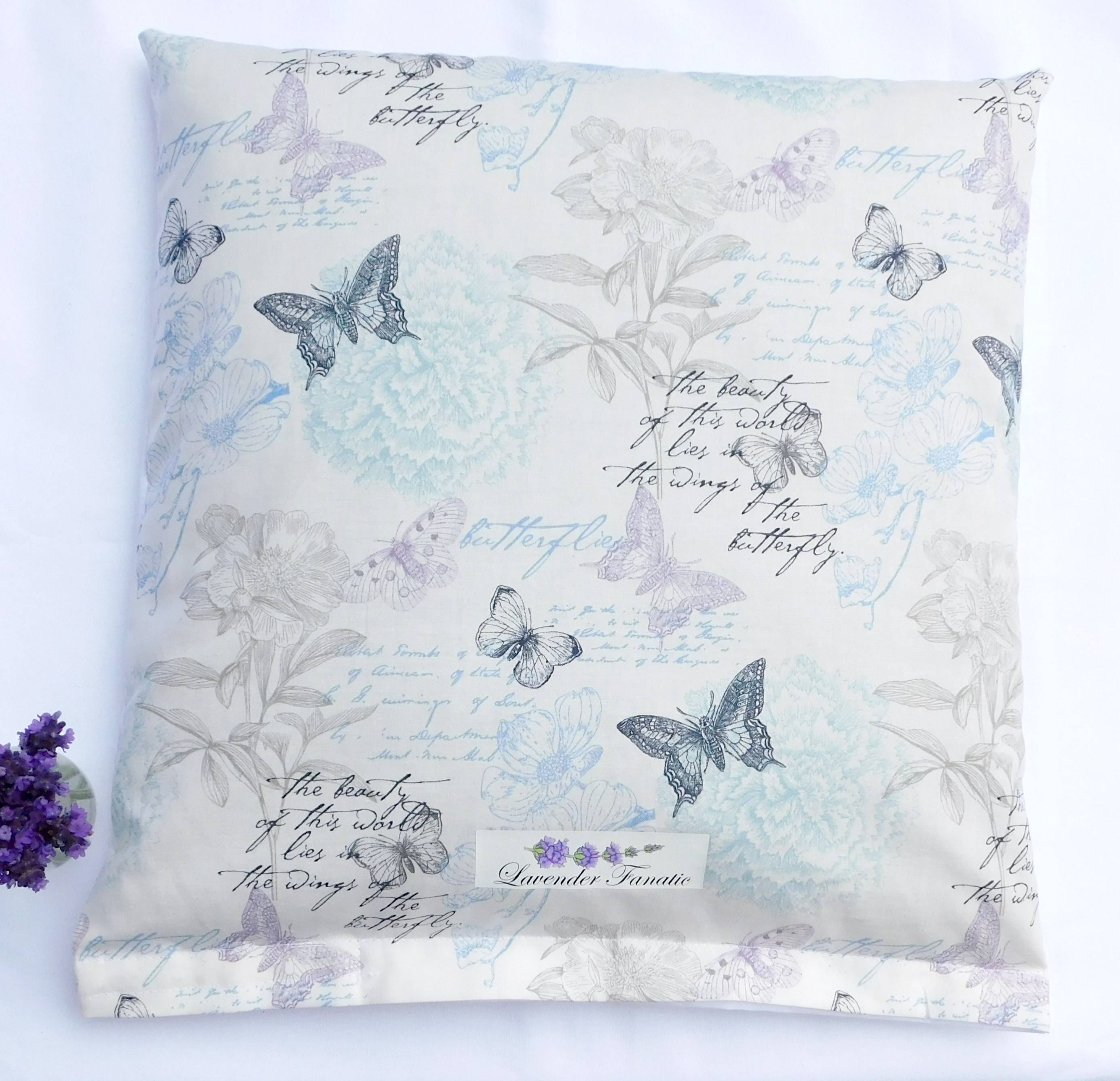 Scented lavender pillow with buckwheat butterfly print.